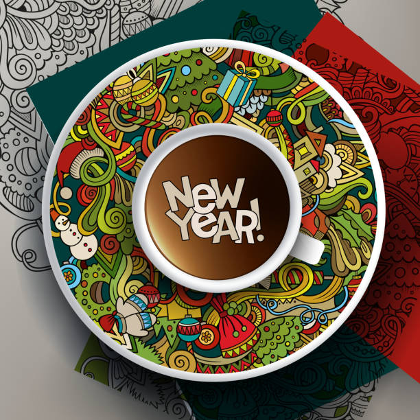 Vector illustration with a Cup of coffee and New Year Vector illustration with a Cup of coffee and hand drawn New Year doodles on a saucer and background winter wonderland london stock illustrations