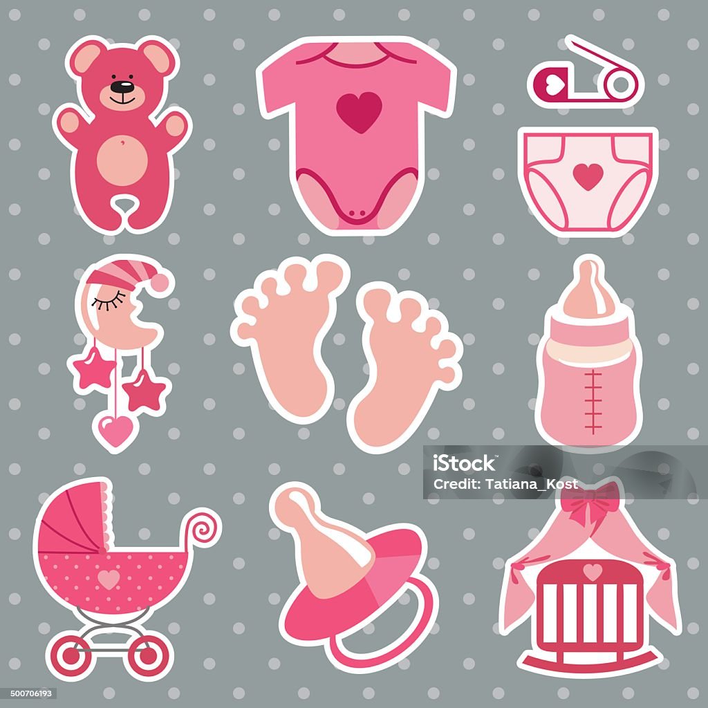 Cute  icons for newborn baby girl.Polka dot background A set of cute cartoon  icons for newborn baby girl. Baby shower elements,scrapbooking in Polka dot background.Vector illustration Baby Blanket stock vector