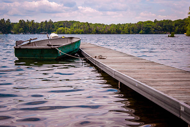 A rowboat tied to a dock on Long Lake, MI