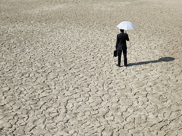 empresário perdido com guarda-chuva no deserto - drought scarcity desert dry - fotografias e filmes do acervo