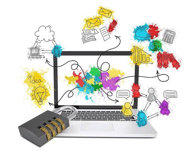 istock Laptop with combination lock and business sketches 500709959