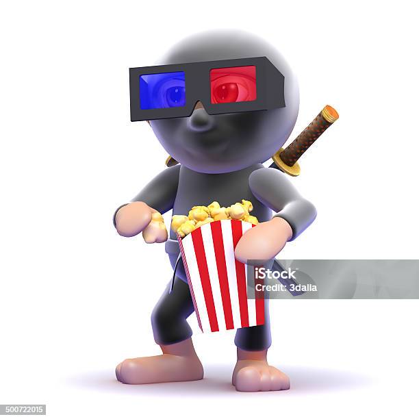 3d Ninja Assassin Eats Popcorn At The Movies Stock Photo - Download Image Now - 3-D Glasses, Arts Culture and Entertainment, Assassination