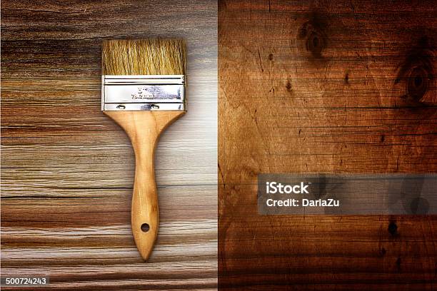 Renovation Brush On Wooden Background Stock Photo - Download Image Now - Accuracy, Animal Hair, Art And Craft