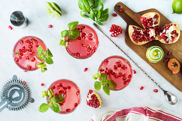 Pomegranate Basil Martinis or Gin Smash Cocktails with Ingredients