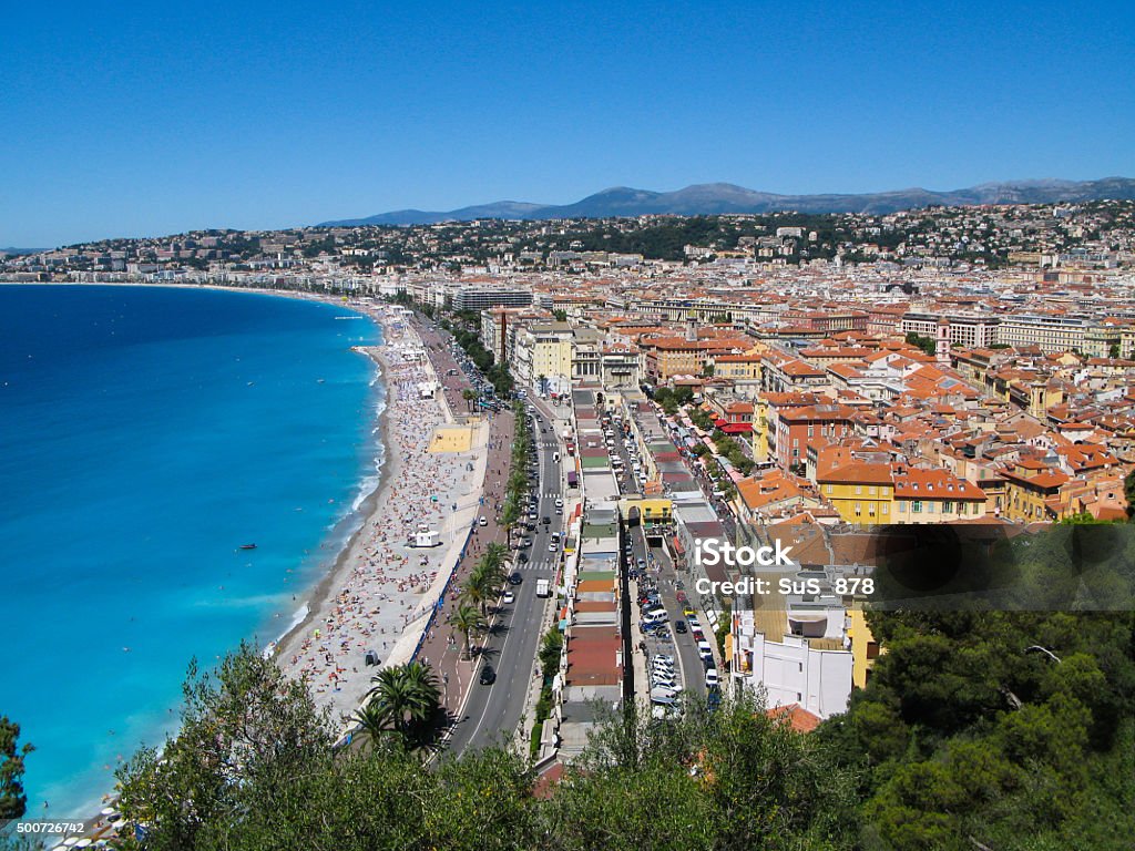 Panoramic view of  the  Azure coast in Nice, France. Panoramic  view of  the  Azure  coast  on  a  summer  day  in  Nice,  French  Riviera,  France.         Bay des Anges Stock Photo