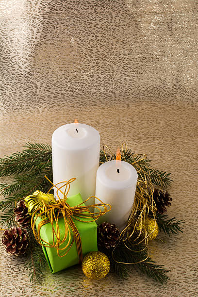 istock Christmas candles gold background 500727938