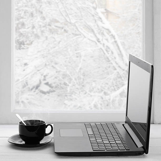 istock Laptop and coffee on winter window 500728778