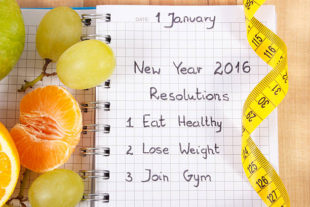 新しい年の解像度で書かれたノート、およびテープ - dieting planning calendar event ストックフォトと画像