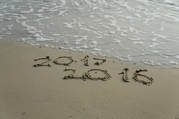 istock 2015 and 2016 year on the sand beach 500733348