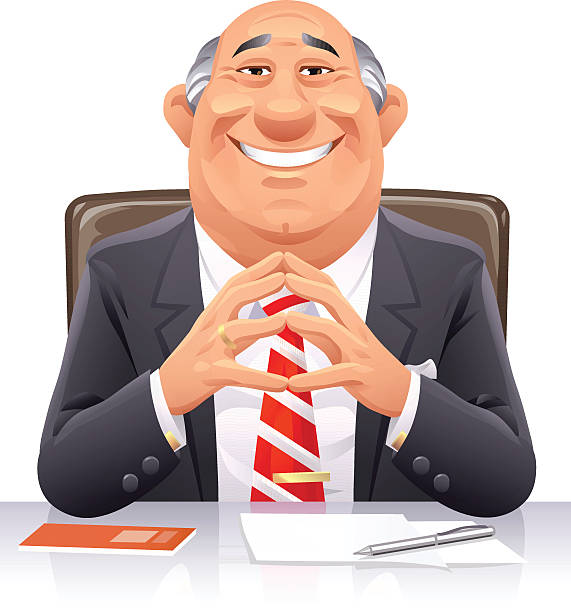 Banker A smiling senior businessman sitting at desk, isoalted on white. EPS 10, everything grouped and labeled in layers. lawyer cartoon stock illustrations