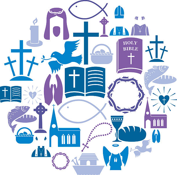ilustrações, clipart, desenhos animados e ícones de cristianismo conjunto de ícones - church symbol rosary beads christianity