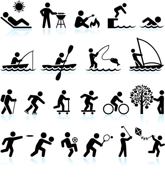Summer Fun Outdoor Activities royalty free vector interface icon set Summer Fun and Outdoor Activities Stick Figure interface icon Set. This royalty free icons set features summer theme recreational activities. People are black on white background. They can be used for vector app or vector logo ideas and include guy sun tanning, guy doing barbecue, swimming, fishing, sailing, hiking, and guys playing summer sports. fly fishing illustrations stock illustrations