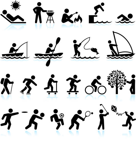 Summer Fun Outdoor Activities royalty free vector interface icon set Summer Fun and Outdoor Activities Stick Figure interface icon Set. This royalty free icons set features summer theme recreational activities. People are black on white background. They can be used for vector app or vector logo ideas and include guy sun tanning, guy doing barbecue, swimming, fishing, sailing, hiking, and guys playing summer sports. rowing boat fishing stock illustrations