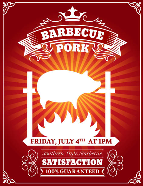 illustrazioni stock, clip art, cartoni animati e icone di tendenza di poster di barbecue di maiale arrosto - roast beef meat barbecue roasted