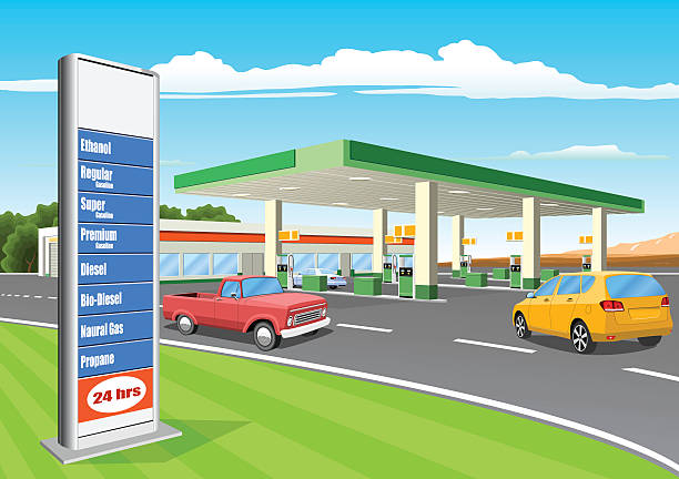 ilustrações, clipart, desenhos animados e ícones de estação de reabastecimento com placa de preços da gasolina - outdoor fire