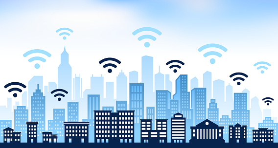 Wi-Fi and panoramic city skyline Background