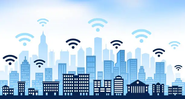 Vector illustration of Wi-Fi and panoramic city skyline Background