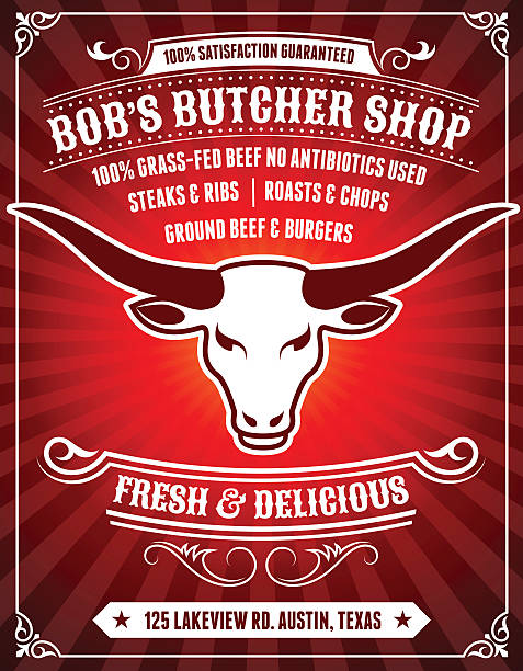 butcher-shop-poster auf rotem hintergrund - filet mignon illustrations stock-grafiken, -clipart, -cartoons und -symbole