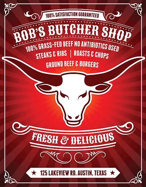 Vector illustration of Butcher Shop Poster on Red Background