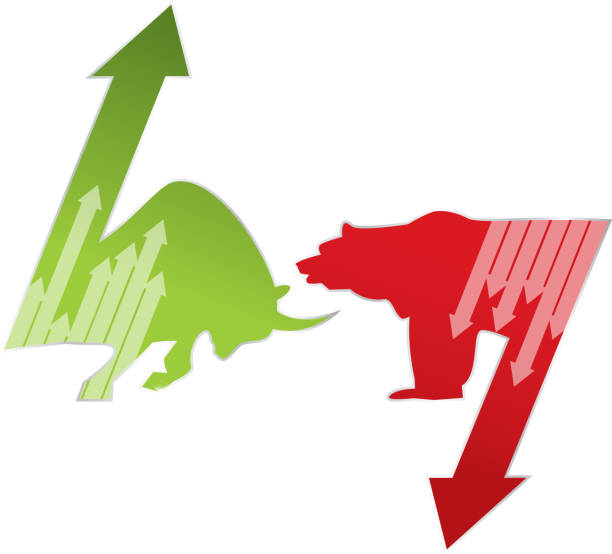 ilustrações, clipart, desenhos animados e ícones de bull and bear mercado de mercado - nasdaq dow jones industrial average moving down falling