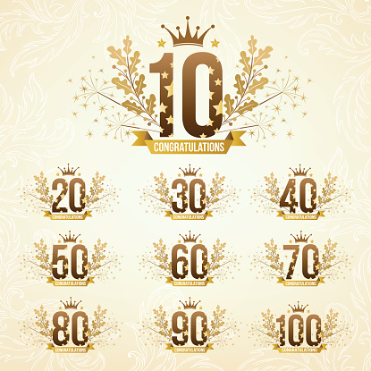 Set of anniversary design emblems in retro style.