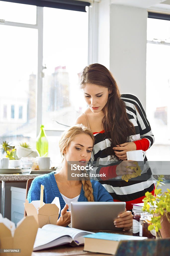 Female students learning at home Two female friends learning together at home, the blonde girl holding digital tablet in hand. 20-24 Years Stock Photo