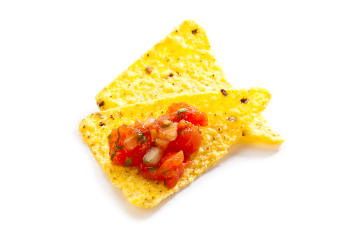 Two Nachos with Salsa Isolated on White Background.
