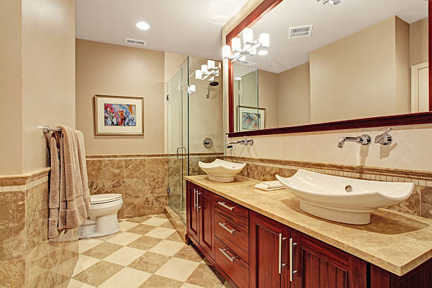 istock Modern bathroom interior in soft brown tones 500739855