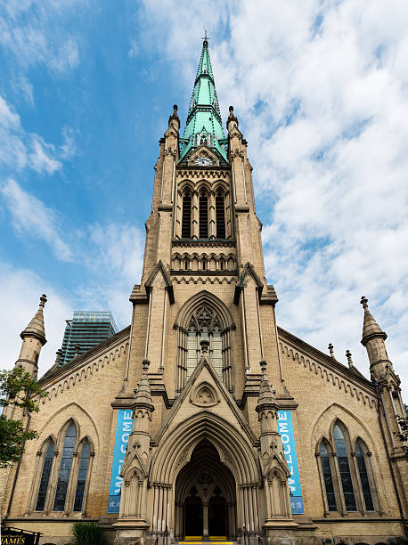 Spire and front facade of St James Cathedral in Toronto