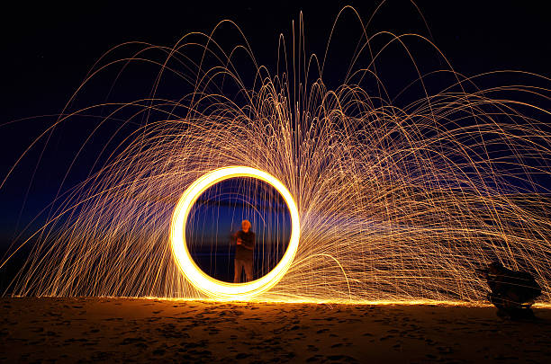 istock Burning steel wool spinned. Showers of glowing sparks 500748876