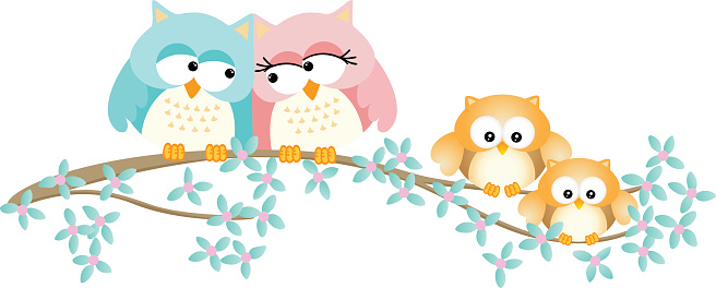 Cute owl family on spring tree branch