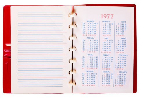 Open Blank Page Russian Notebook With Calendar, 1977 year. Old Paper Notepad Isolate On White Background