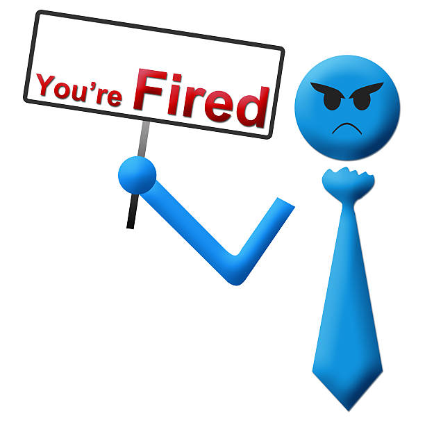 A human icon with tie with angry expression holding a you are fired message signboard.