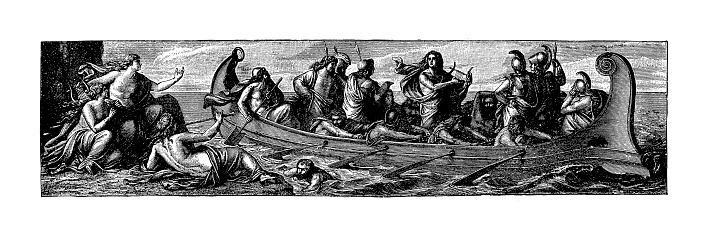 19th-century illustration of the Argonauts, group of heroes in Greek mythology, who in the years before the Trojan War, accompanied Jason to Colchis in his quest to find the Golden Fleece. Their name comes from their ship, the Argo, named after its builder, Argus. Original artwork published in \