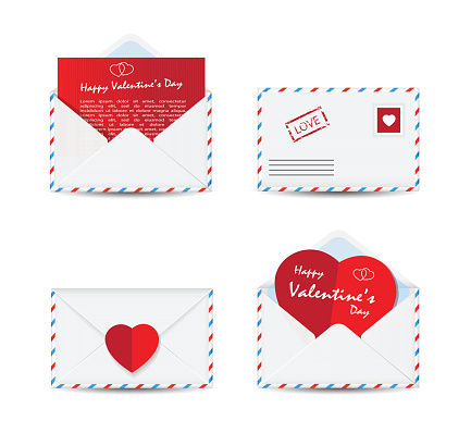 Set of Valentine's Day envelopes with paper red hearts isolated on white background. Vector illustration. All elements are separate. Easily modifying. No mesh. EPS10