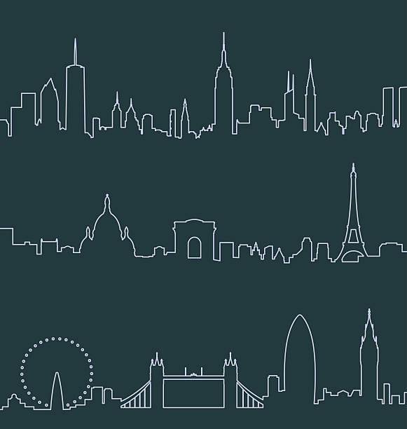 illustrazioni stock, clip art, cartoni animati e icone di tendenza di new york, londra e parigi e il suo profilo - orizzonte urbano illustrazioni