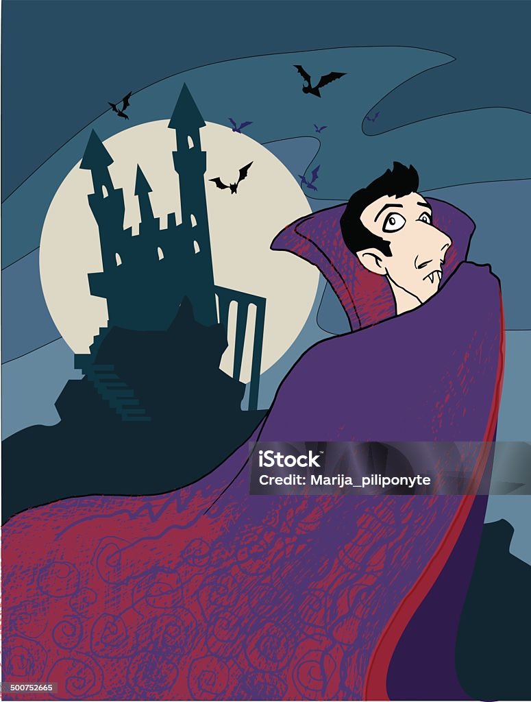 cartoon vampire cartoon Dracula vampire, with a old castle in a background Adult stock vector