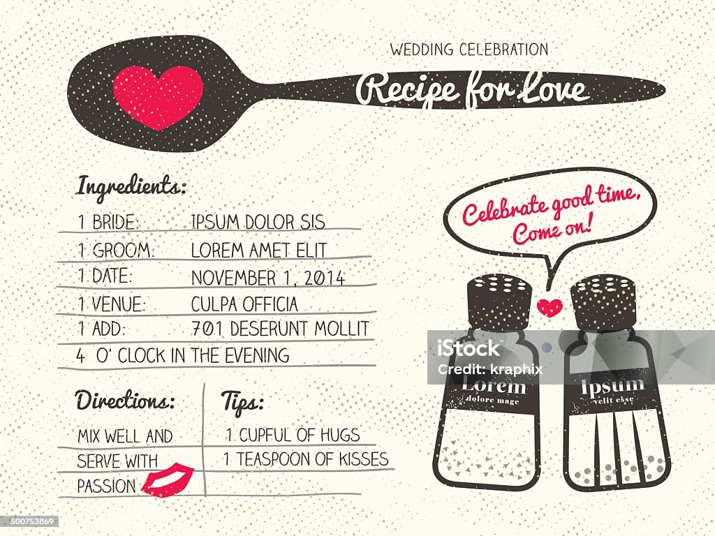 Recipe for Love creative Wedding Invitation Recipe card creative Wedding Invitation design with salt and pepper shaker cooking concept Recipe stock vector