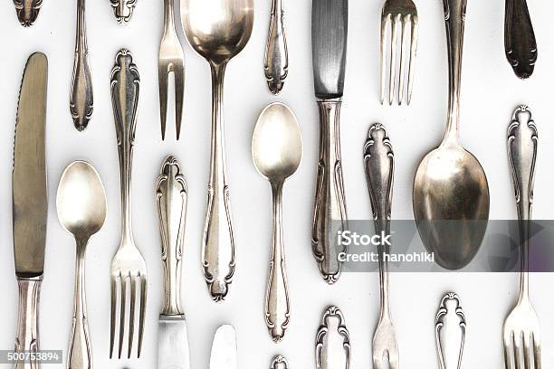 Beautiful Sterling Cutlery Set On White Background Stock Photo - Download Image Now - Silverware, Silver - Metal, Fork