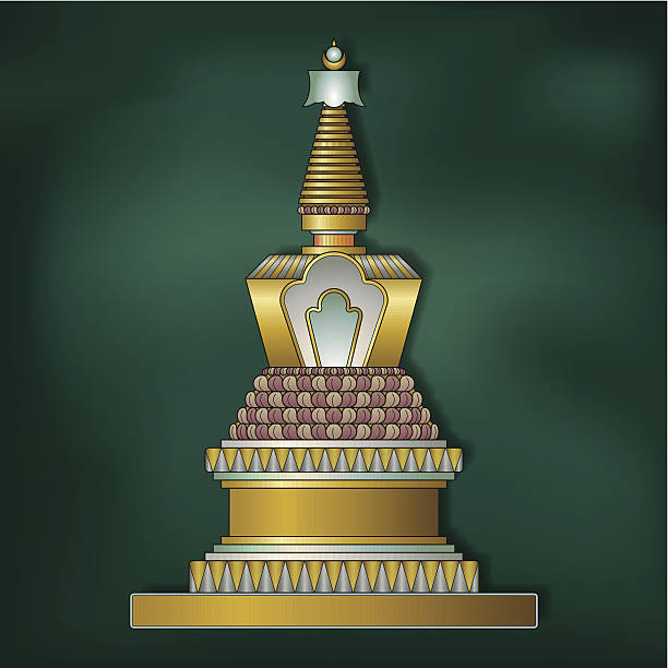 Golden stupa on dark green background (Tibetan style) Vector illustration of a traditional stupa, with its seven basic elements: crown, parasol, conical spire, shrine, dome, base and throne. dharmachakra stock illustrations