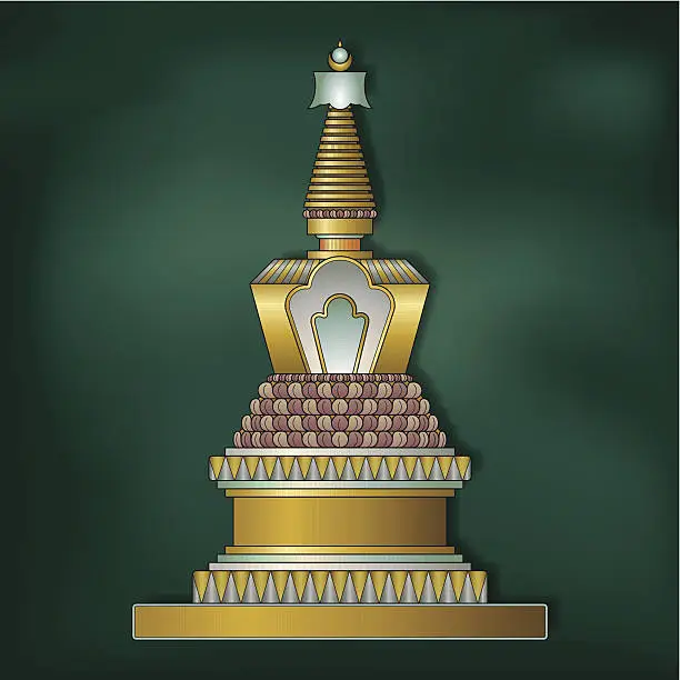 Vector illustration of Golden stupa on dark green background (Tibetan style)