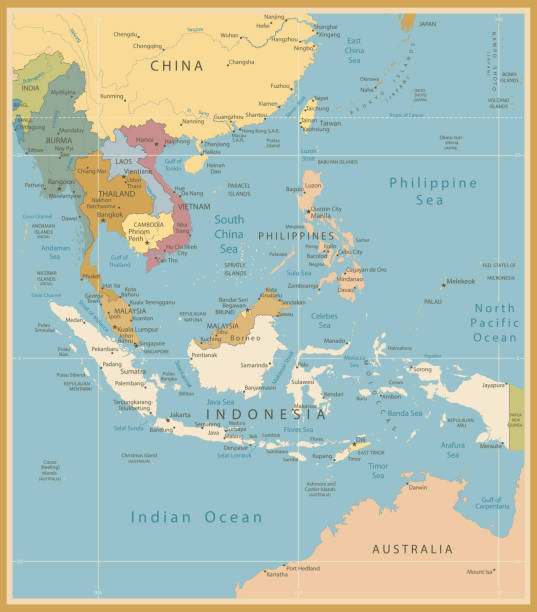 illustrazioni stock, clip art, cartoni animati e icone di tendenza di sud-est asiatico, una mappa dettagliata colori vintage - philippines map cartography asia