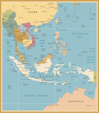 Southeast Asia Map Detailed Vintage Colors Stock Illustration ...