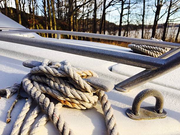 istock Frosty ropes on hibernating motor boat 500755430