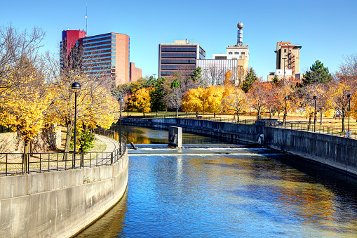 Autumn colors along the Flint River in downtown Flint Michigan