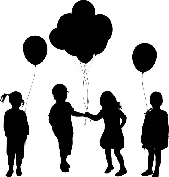 Silhouettes of children with balloon. Silhouettes of children with balloon. balloon silhouettes stock illustrations