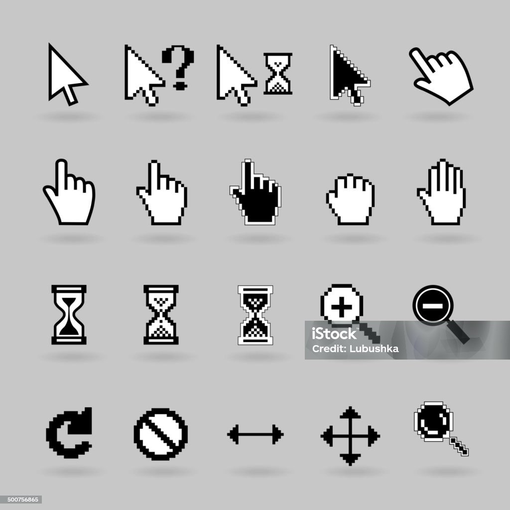 Cursors icons Pixel and smooth vector cursors icons. Hand, magnifier  and  hourglass Cursor stock vector