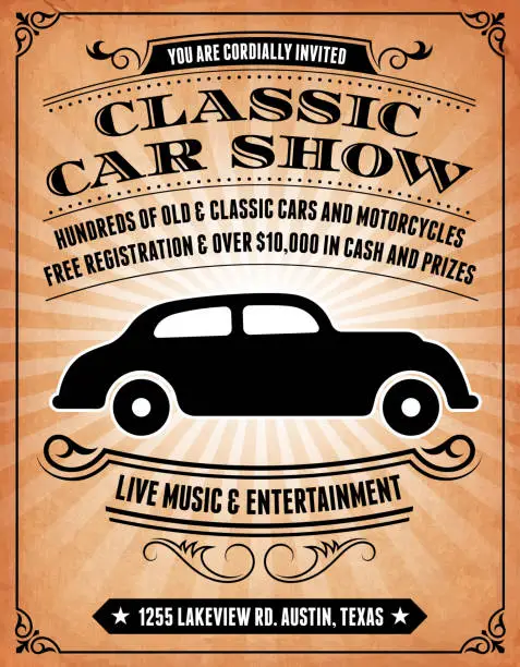 Vector illustration of Classic Car Show Invitation on royalty free vector Background Poster