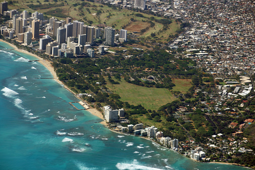 Aerial view of Kapiolani Park, Waikiki, Natatorium, Kapahulu town, Pacific ocean on Oahu, Hawaii. June 2015.