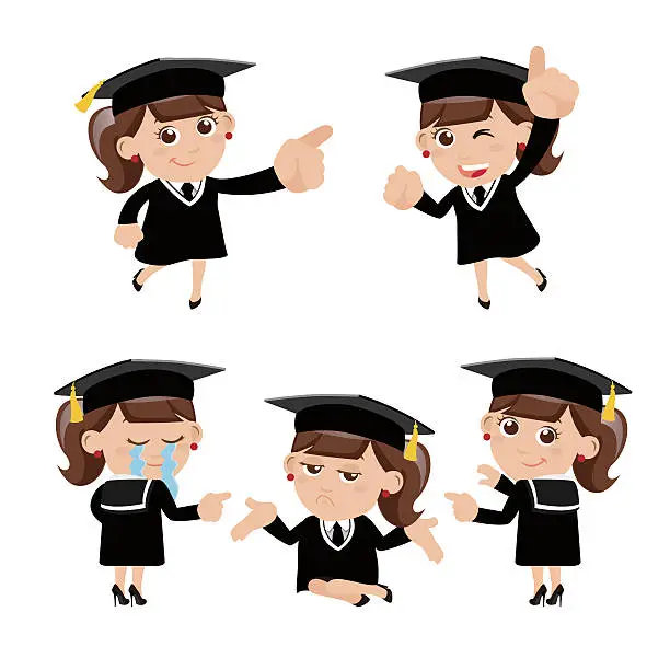 Vector illustration of Set of  graduate student characters in different poses